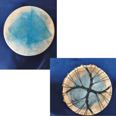 Tambour en peau de cerf diamètre 35 cm teint en bleu