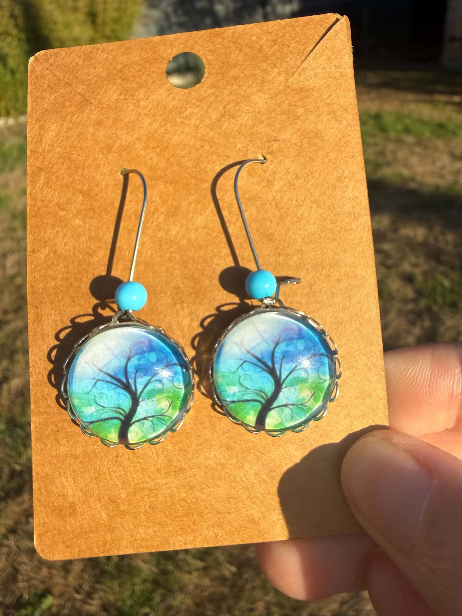 Boucles d'oreilles Arbre de vie bleu-vert