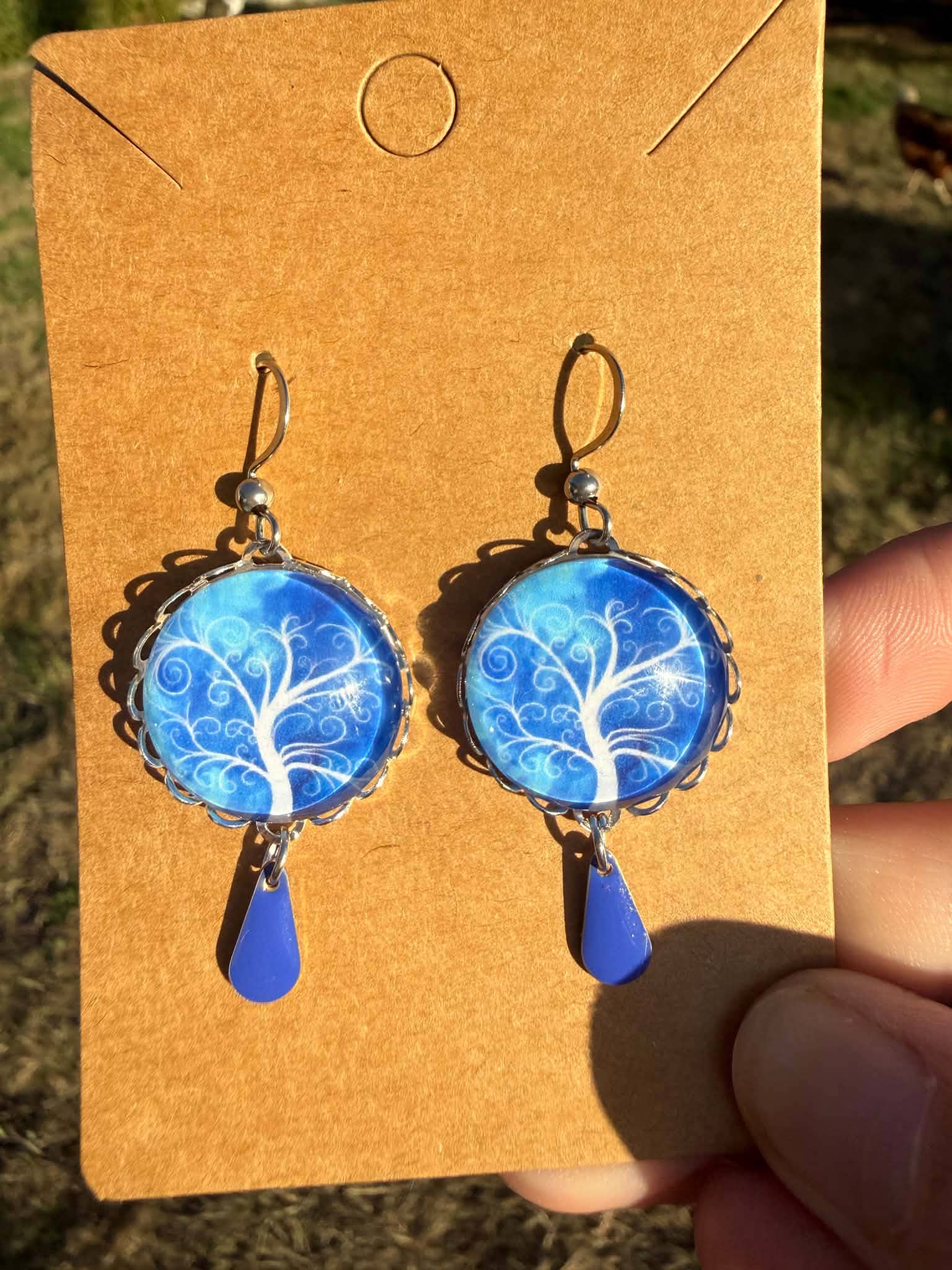 Boucles d'oreilles Arbre de vie bleu et blanc