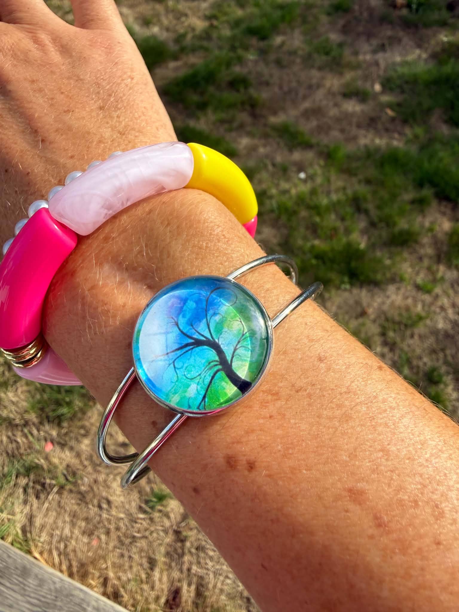Bracelet manchette avec insertion arbre de vie bleu vert
